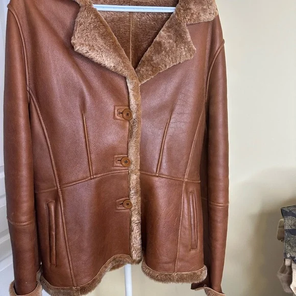 Brown Shearling Women's leather Jacket with faux fur wool - Picture 4 of 14